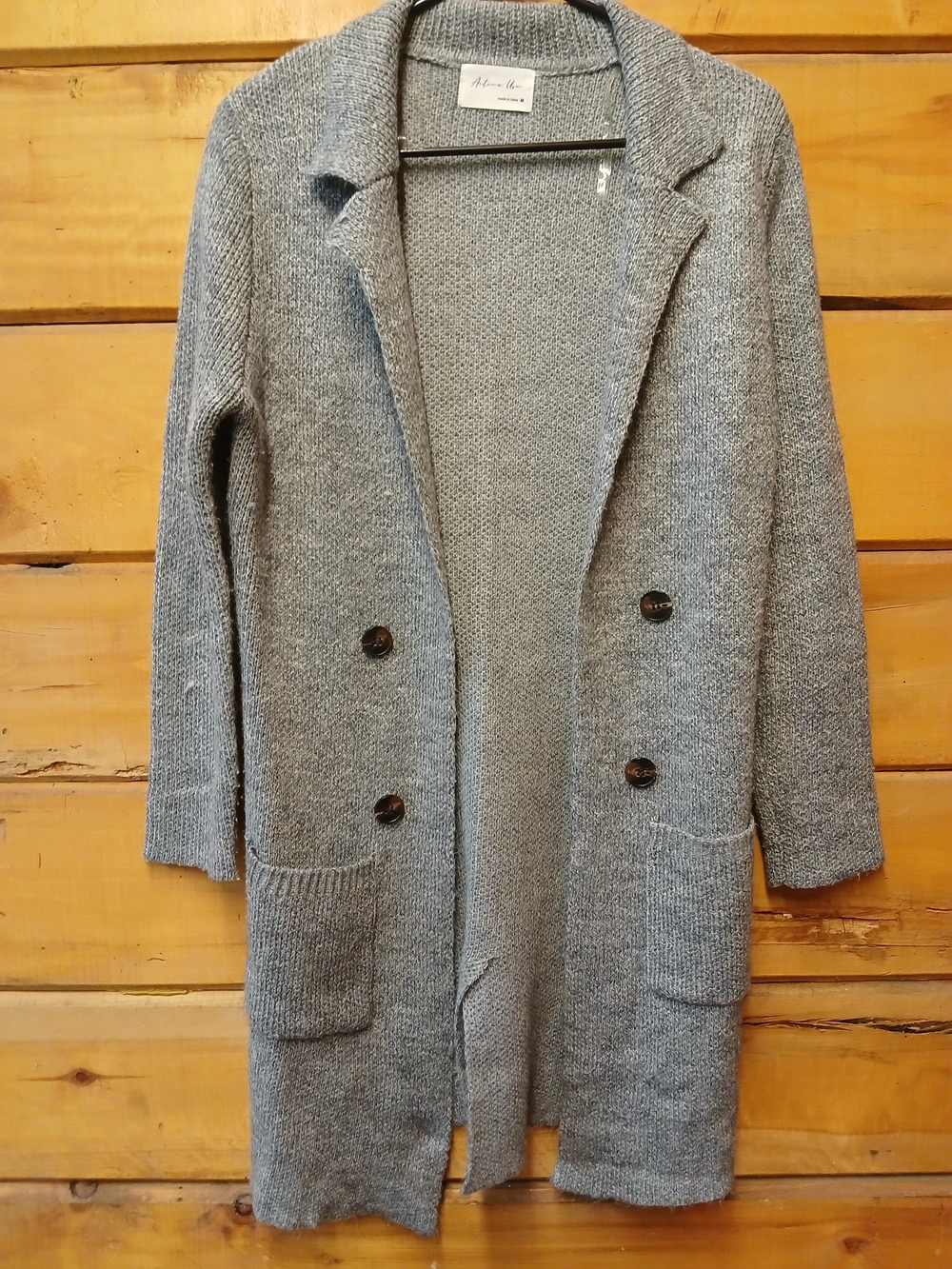 Active USA Gray Double-Breasted Knit Long Cardigan